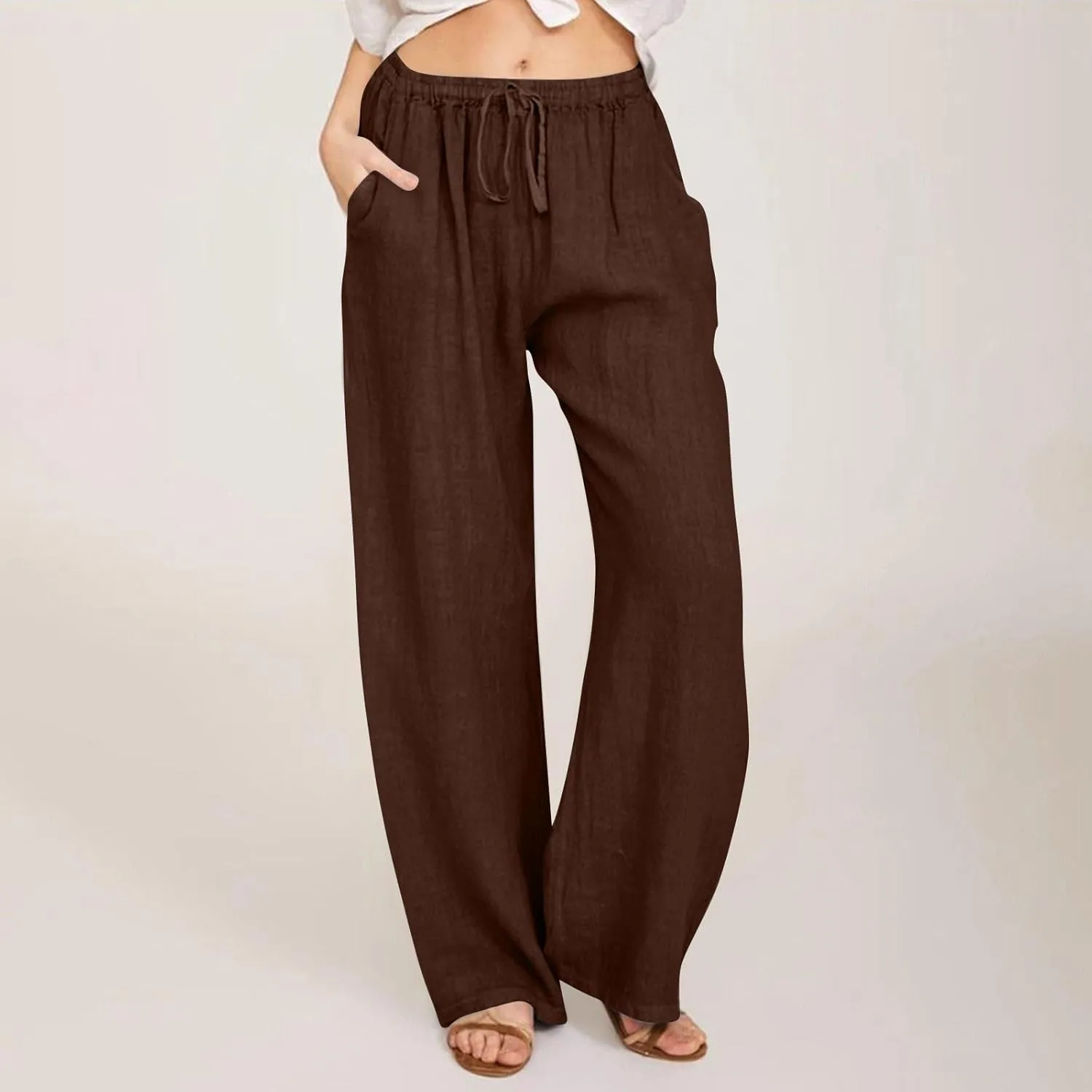 Summer Linen Wide Leg Pants for Women Casual High Waisted Palazzo Pants Loose Lightweight Beach Pants with Pockets