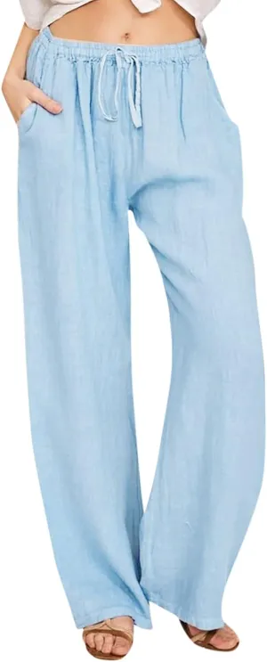 Summer Linen Wide Leg Pants for Women Casual High Waisted Palazzo Pants Loose Lightweight Beach Pants with Pockets