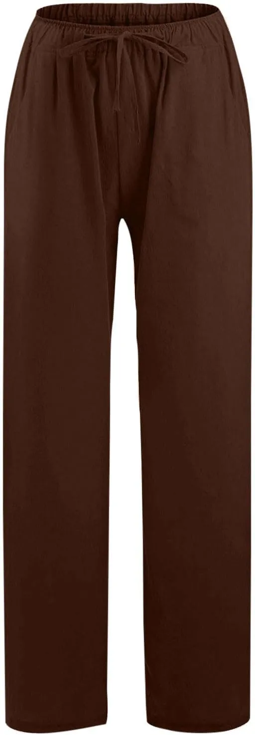 Summer Linen Wide Leg Pants for Women Casual High Waisted Palazzo Pants Loose Lightweight Beach Pants with Pockets
