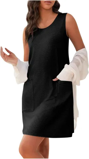 Sundresses for Women 2025 Casual Crew Neck Sleeveless Tank Dresses Solid Color Mini Dress with Pockets