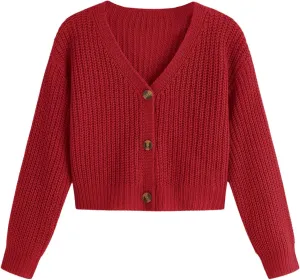 SweatyRocks Girl's Long Sleeve Drop Shoulder V Neck Button Front Ribbed Knit Cardigan Sweaters