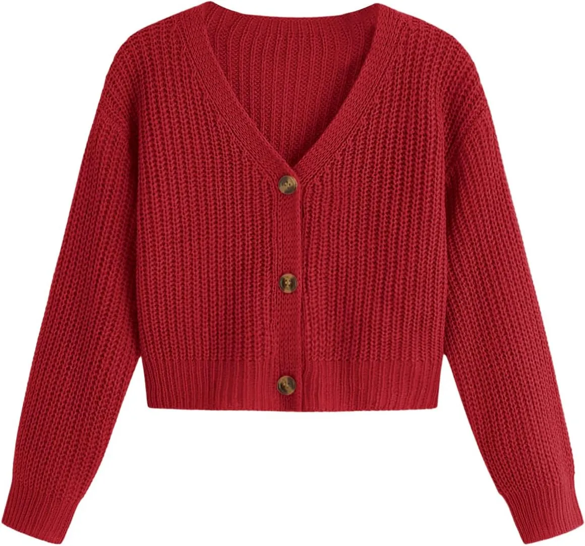 SweatyRocks Girl's Long Sleeve Drop Shoulder V Neck Button Front Ribbed Knit Cardigan Sweaters