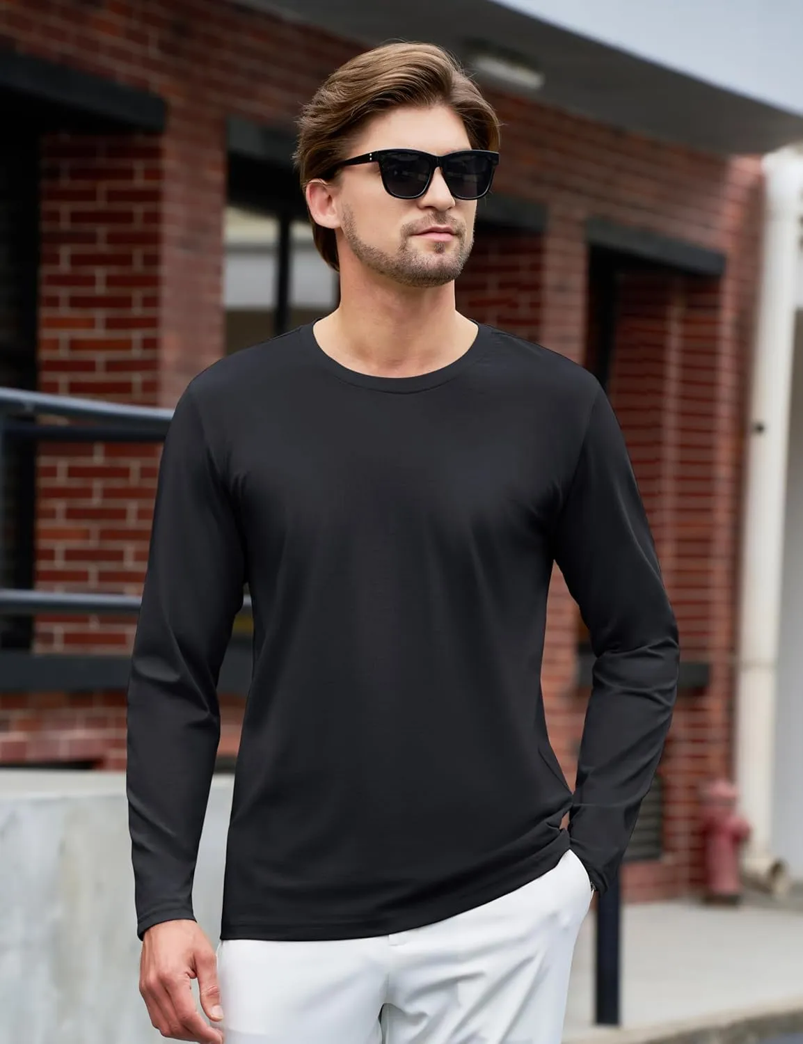 TACVASEN Long Sleeve Shirts for Men Cotton Classic Crew-Neck Moisture Wicking Mens Undershirt Comfort Solid Tee Shirt