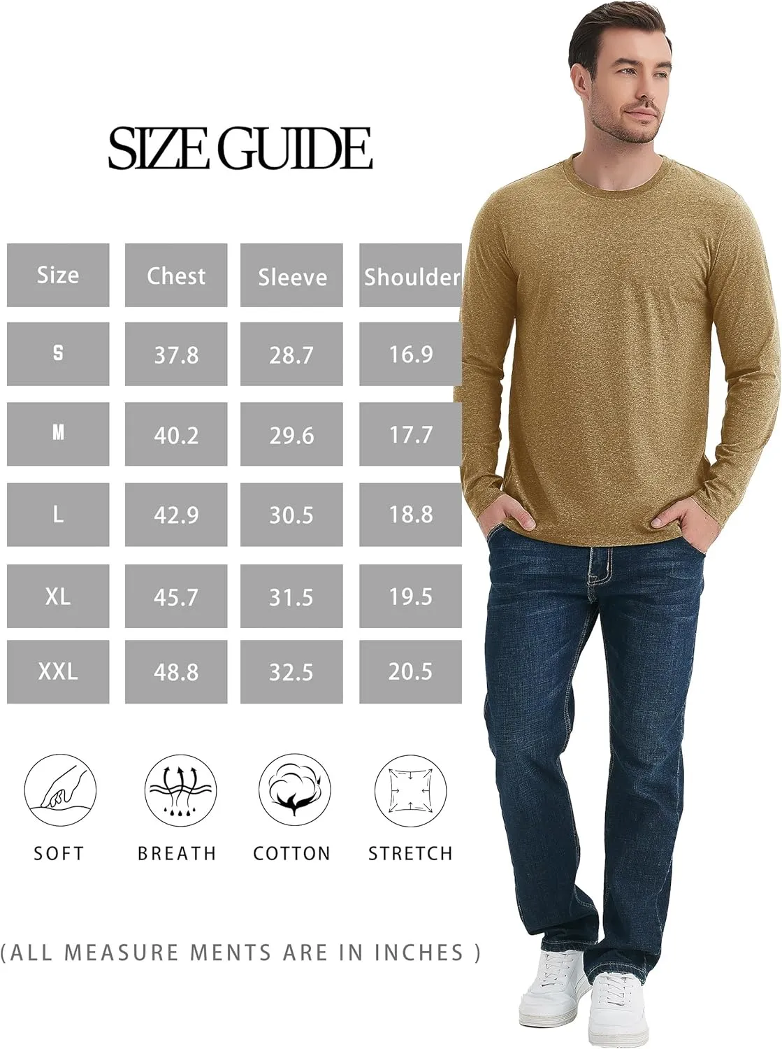TACVASEN Long Sleeve Shirts for Men Cotton Classic Crew-Neck Moisture Wicking Mens Undershirt Comfort Solid Tee Shirt