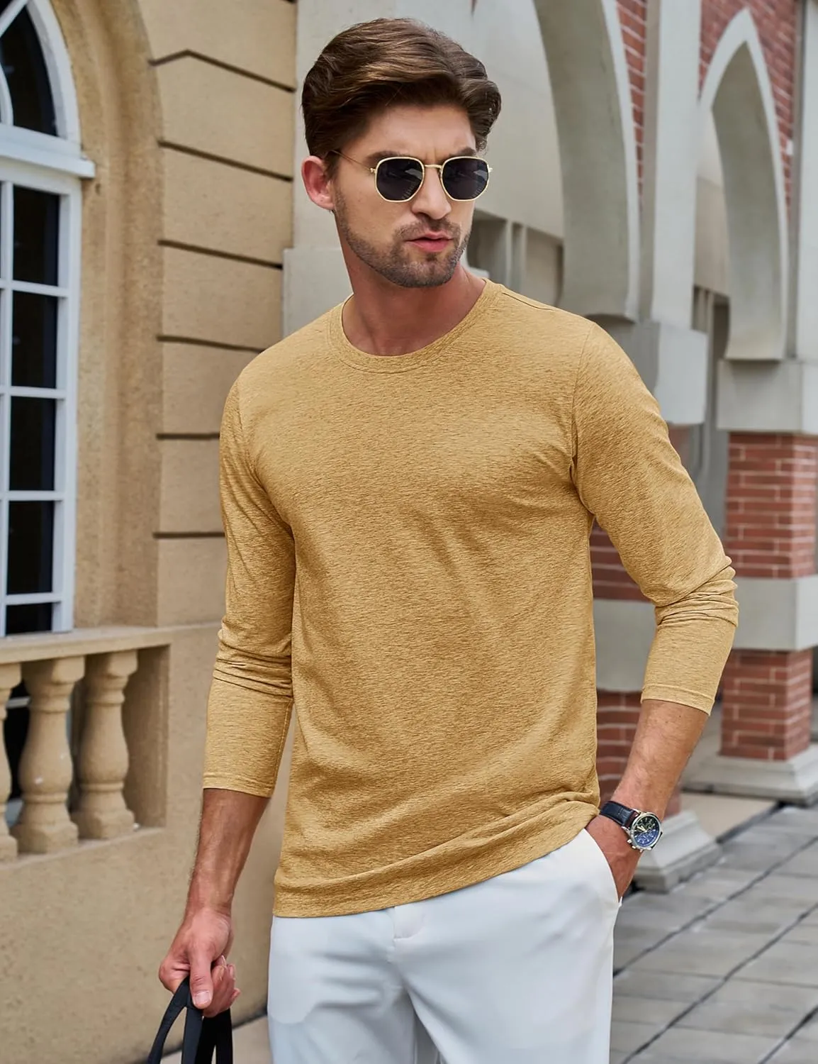 TACVASEN Long Sleeve Shirts for Men Cotton Classic Crew-Neck Moisture Wicking Mens Undershirt Comfort Solid Tee Shirt