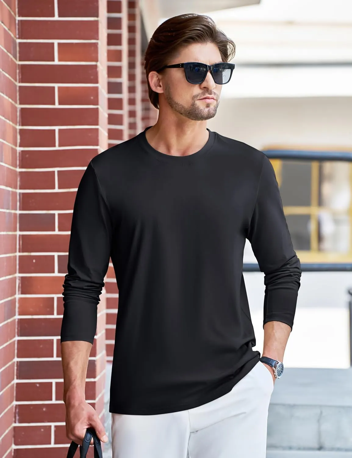 TACVASEN Long Sleeve Shirts for Men Cotton Classic Crew-Neck Moisture Wicking Mens Undershirt Comfort Solid Tee Shirt