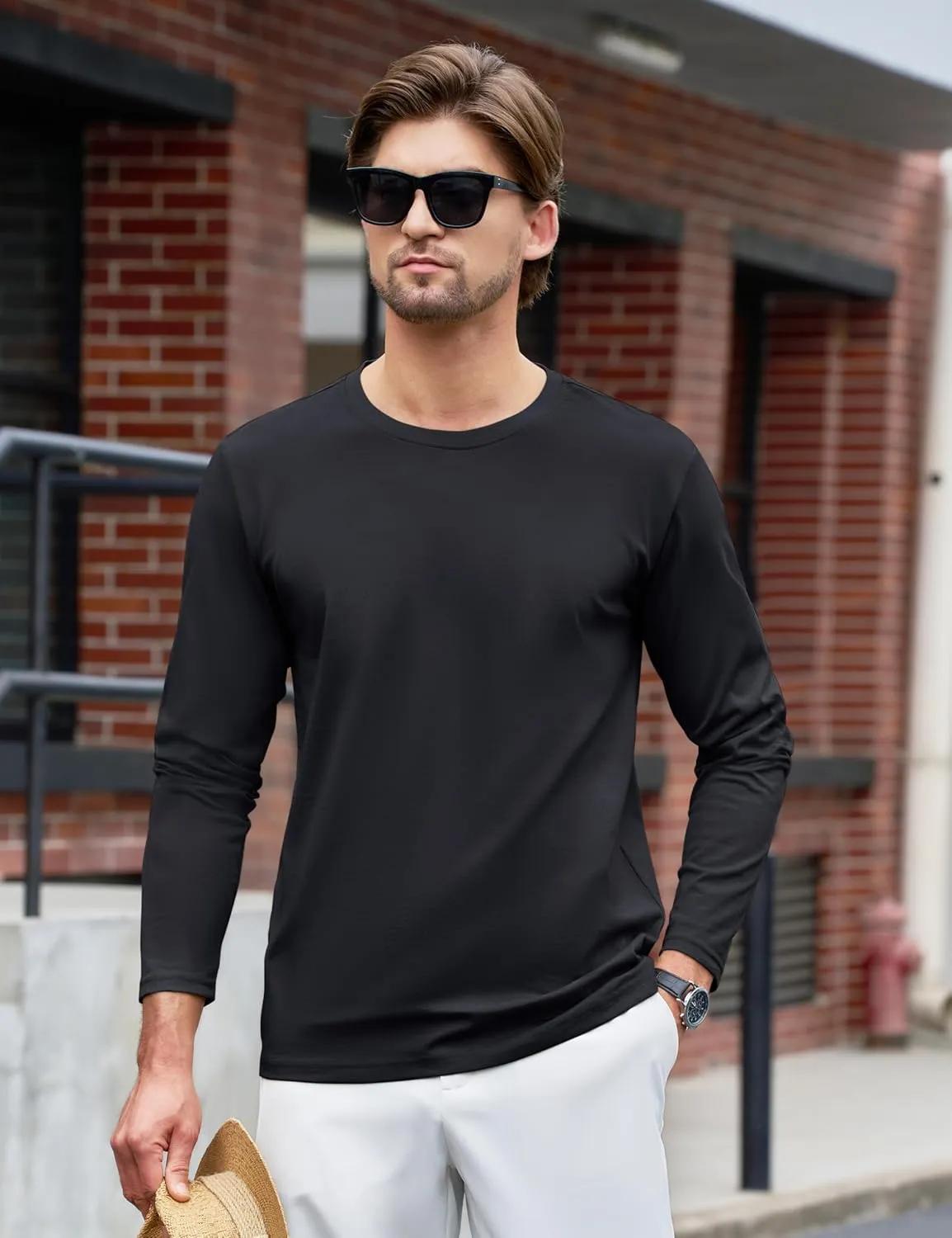 TACVASEN Long Sleeve Shirts for Men Cotton Classic Crew-Neck Moisture Wicking Mens Undershirt Comfort Solid Tee Shirt