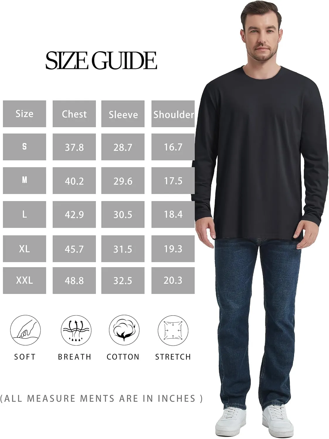 TACVASEN Long Sleeve Shirts for Men Cotton Classic Crew-Neck Moisture Wicking Mens Undershirt Comfort Solid Tee Shirt