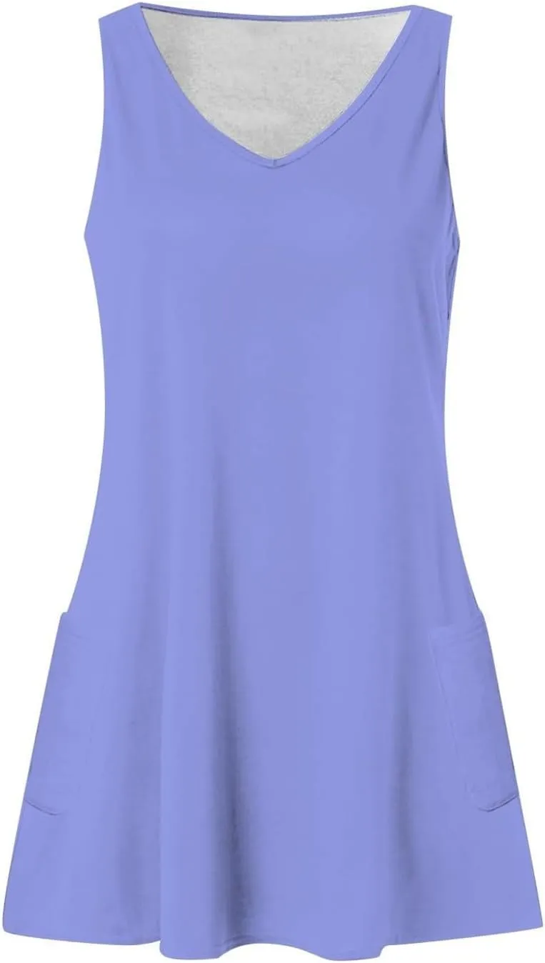 Tank Dresses with Pockets for Women Beach Boho V Neck Sleeveless Tshirt Dress Casual Loose Flowy Solid Travel Sundress
