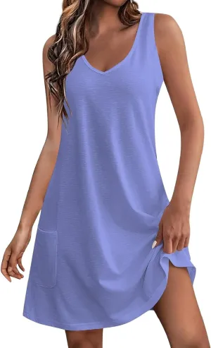 Tank Dresses with Pockets for Women Beach Boho V Neck Sleeveless Tshirt Dress Casual Loose Flowy Solid Travel Sundress