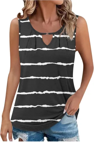 Tank Tops Women Striped Print Sleeveless Blouse Summer Hollow Out V Neck Camisoles Loose Fit Pleated Casual T-Shirt 2025