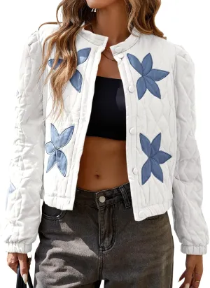 Tankaneo Womens Casual Cropped Bomber Quilted Jacket Embroidery Lightweight Button Down Warm Winter Coats