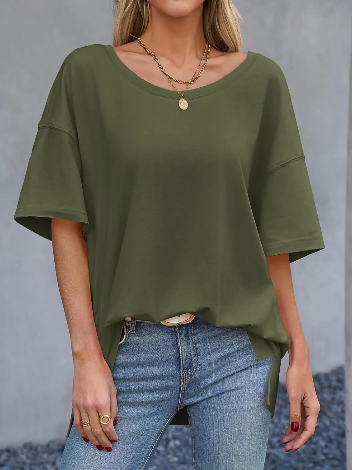 Tankaneo Womens Oversized Scoop Neck Tshirts Summer Casual Short Sleeve Tops Side Slit Loose Fit Basic Tee Shirts