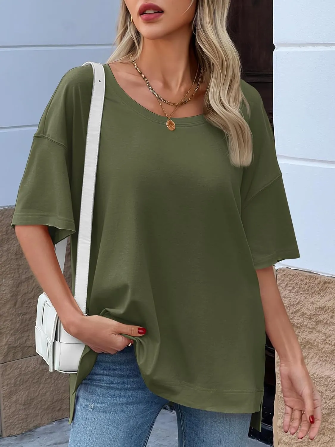 Tankaneo Womens Oversized Scoop Neck Tshirts Summer Casual Short Sleeve Tops Side Slit Loose Fit Basic Tee Shirts
