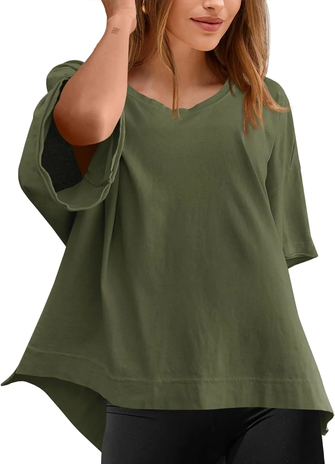 Tankaneo Womens Oversized Scoop Neck Tshirts Summer Casual Short Sleeve Tops Side Slit Loose Fit Basic Tee Shirts
