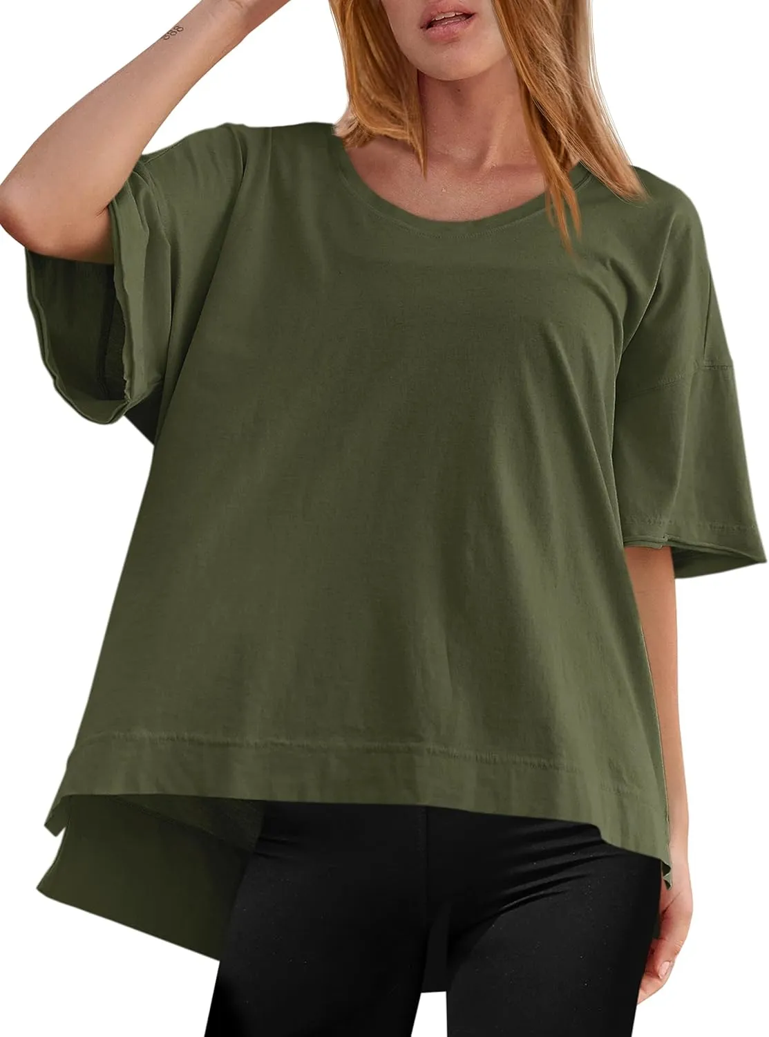 Tankaneo Womens Oversized Scoop Neck Tshirts Summer Casual Short Sleeve Tops Side Slit Loose Fit Basic Tee Shirts