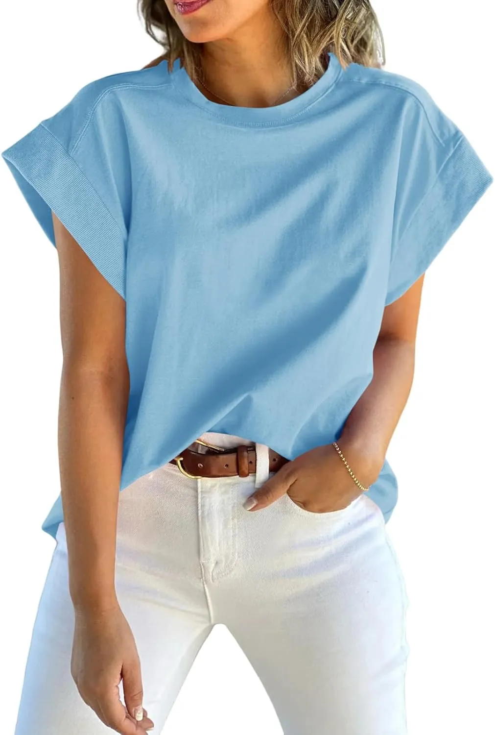 Tankaneo Womens Summer Cap Sleeve Tank Top Crew Neck Solid Casual Loose Fit Basic Tee Shirt