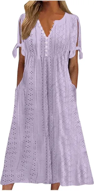 TARIENDY Eyelet Dress for Women 2025 Summer Boho Dresses Casual Short Sleeve Midi Dress Beach Vacation Outfits with Pockets