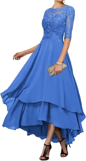 Tea Length Mother of The Bride Dresses for Wedding 1/2 Sleeves Ruffle Sparkly Lace Formal Dress for Women 2024