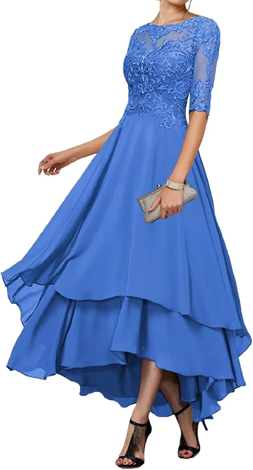 Tea Length Mother of The Bride Dresses for Wedding 1/2 Sleeves Ruffle Sparkly Lace Formal Dress for Women 2024