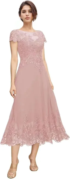 Tea Length Mother of The Bride Dresses for Wedding Beach Short Sleeves Lace Chiffon Formal Dress for Women 2024