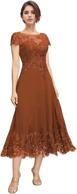 Tea Length Mother of The Bride Dresses for Wedding Beach Short Sleeves Lace Chiffon Formal Dress for Women 2024