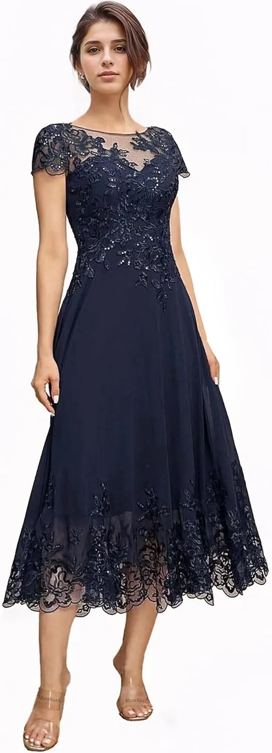 Tea Length Mother of The Bride Dresses for Wedding Beach Short Sleeves Lace Chiffon Formal Dress for Women 2024