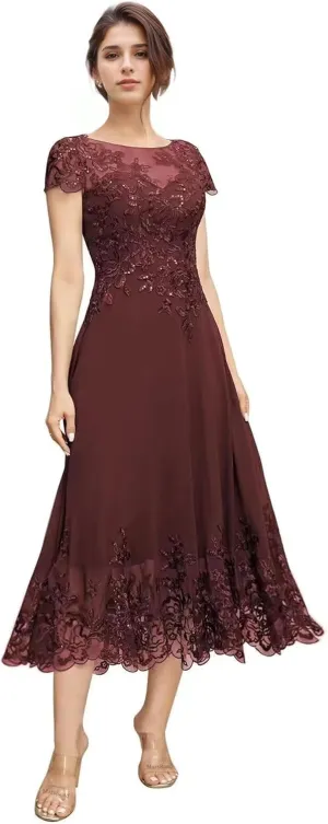 Tea Length Mother of The Bride Dresses for Wedding Beach Short Sleeves Lace Chiffon Formal Dress for Women 2024