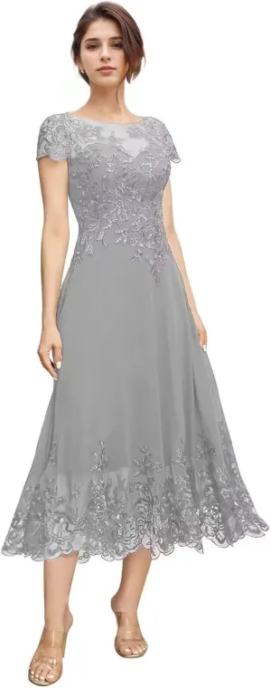 Tea Length Mother of The Bride Dresses for Wedding Beach Short Sleeves Lace Chiffon Formal Dress for Women 2024