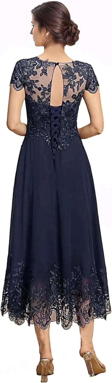 Tea Length Mother of The Bride Dresses for Wedding Beach Short Sleeves Lace Chiffon Formal Dress for Women 2024
