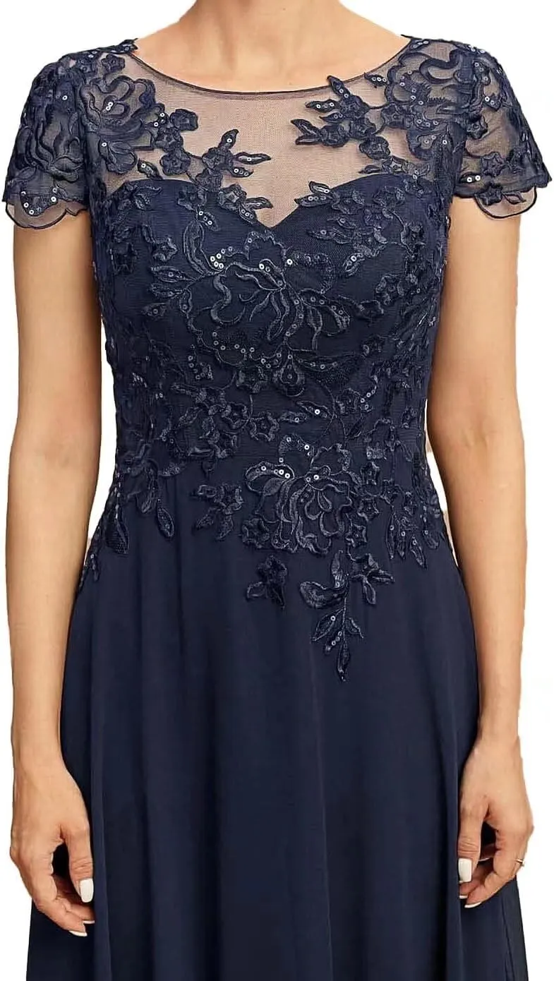 Tea Length Mother of The Bride Dresses for Wedding Beach Short Sleeves Lace Chiffon Formal Dress for Women 2024