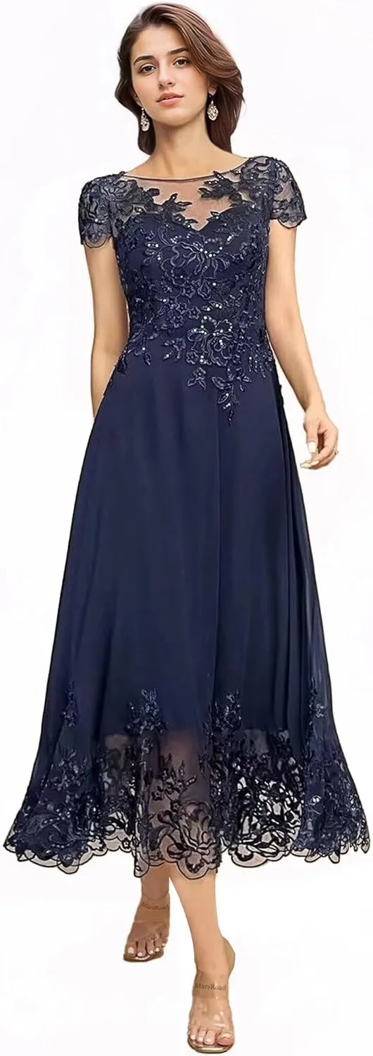 Tea Length Mother of The Bride Dresses for Wedding Beach Short Sleeves Lace Chiffon Formal Dress for Women 2024
