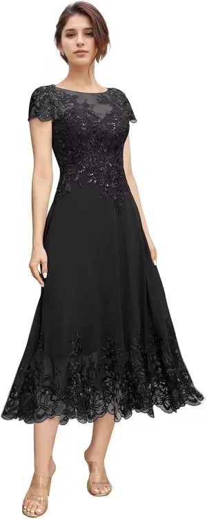Tea Length Mother of The Bride Dresses for Wedding Beach Short Sleeves Lace Chiffon Formal Dress for Women 2024