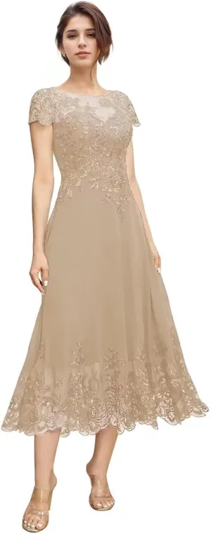 Tea Length Mother of The Bride Dresses for Wedding Beach Short Sleeves Lace Chiffon Formal Dress for Women 2024