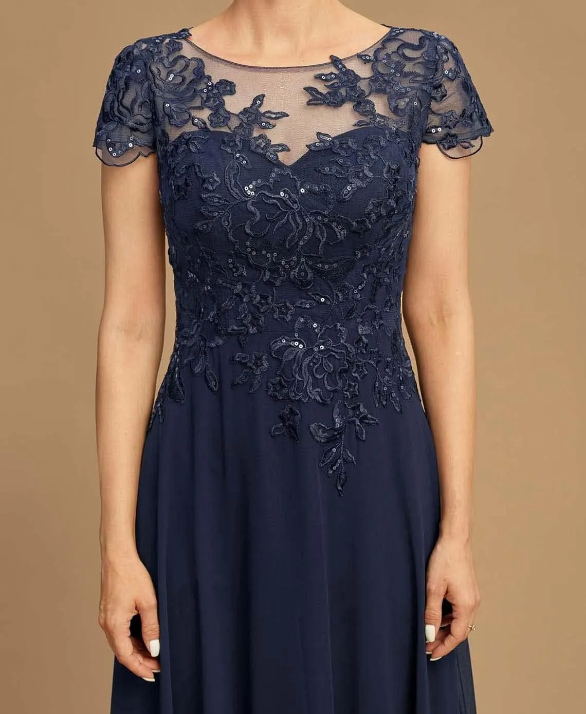Tea Length Mother of The Bride Dresses for Wedding Beach Short Sleeves Lace Chiffon Formal Dress for Women 2024