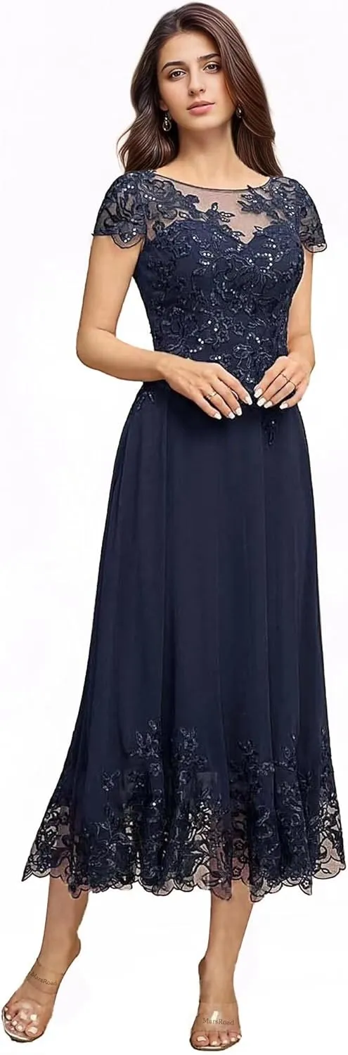 Tea Length Mother of The Bride Dresses for Wedding Beach Short Sleeves Lace Chiffon Formal Dress for Women 2024