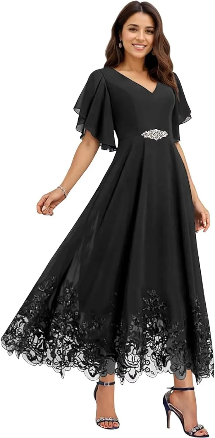 Tea Length Mother of The Bride Dresses for Wedding Chiffon Lace Formal Dresses for Women 2025 Elegant
