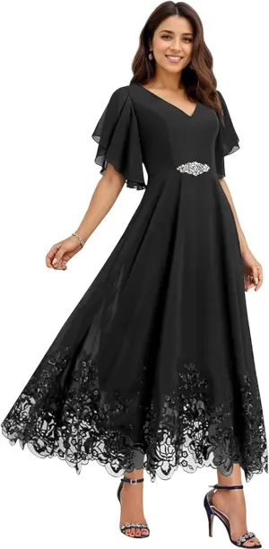 Tea Length Mother of The Bride Dresses for Wedding Chiffon Lace Formal Dresses for Women 2025 Elegant