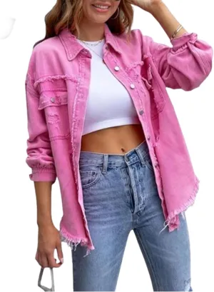 The Beauty North Denim Jacket, Womens Oversized Ripped Fringe Denim Jacket with Pockets,Women's Ripped Denim Jacket