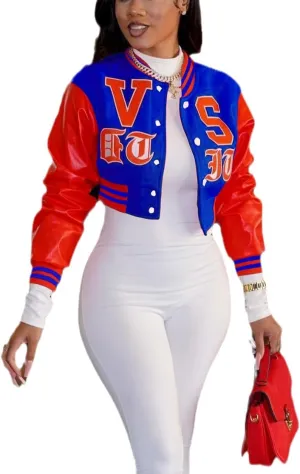 THLAI Women Varsity Jacket Button Down Cropped Faux Leather Jacket Letter Embroidery Jacket Short Baseball Outwear
