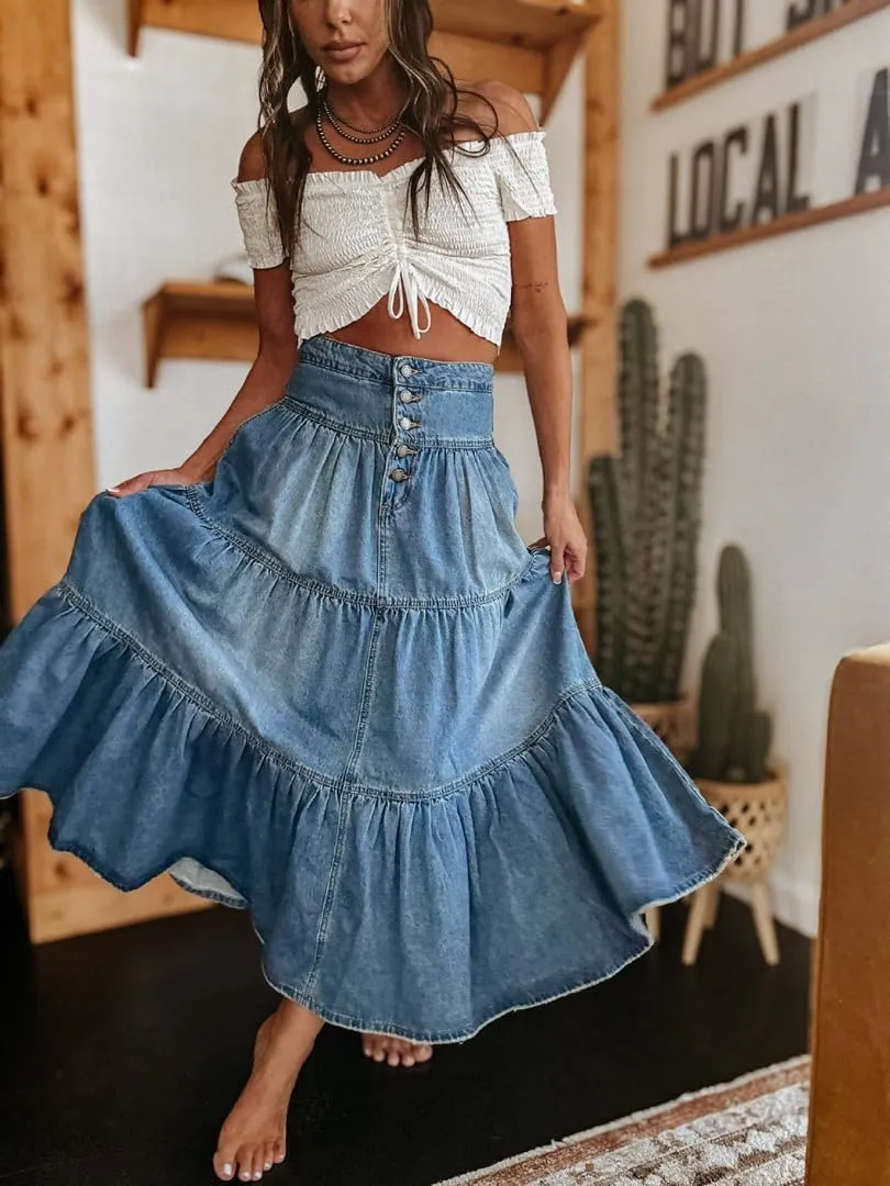 THLAI Womens Maxi Denim Tiered Pleated A Line Skirt High Waisted Casual Boho Daily Skirt