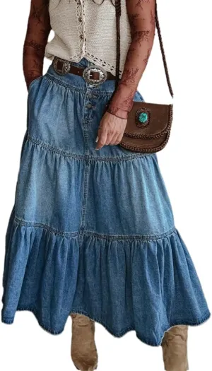 THLAI Womens Maxi Denim Tiered Pleated A Line Skirt High Waisted Casual Boho Daily Skirt