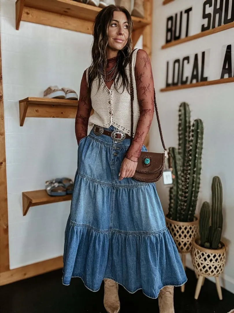 THLAI Womens Maxi Denim Tiered Pleated A Line Skirt High Waisted Casual Boho Daily Skirt