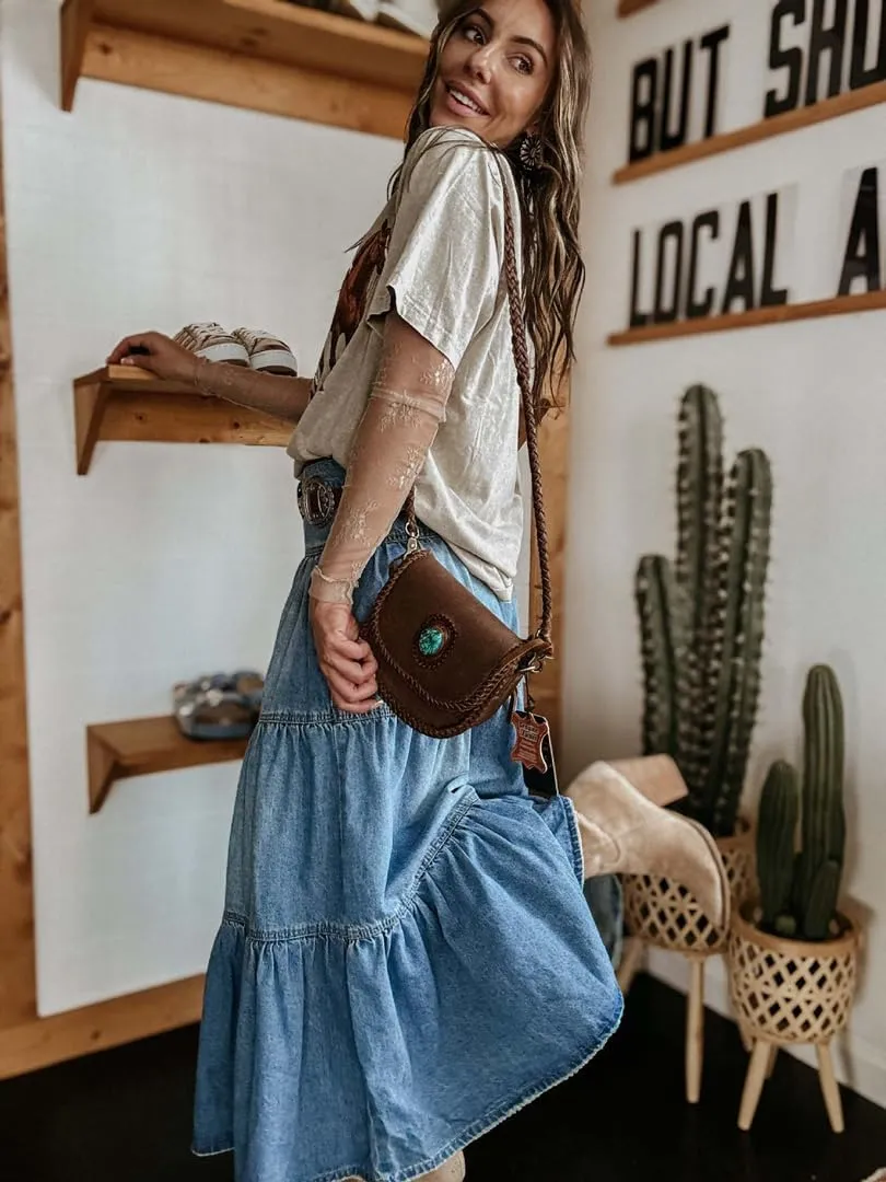 THLAI Womens Maxi Denim Tiered Pleated A Line Skirt High Waisted Casual Boho Daily Skirt