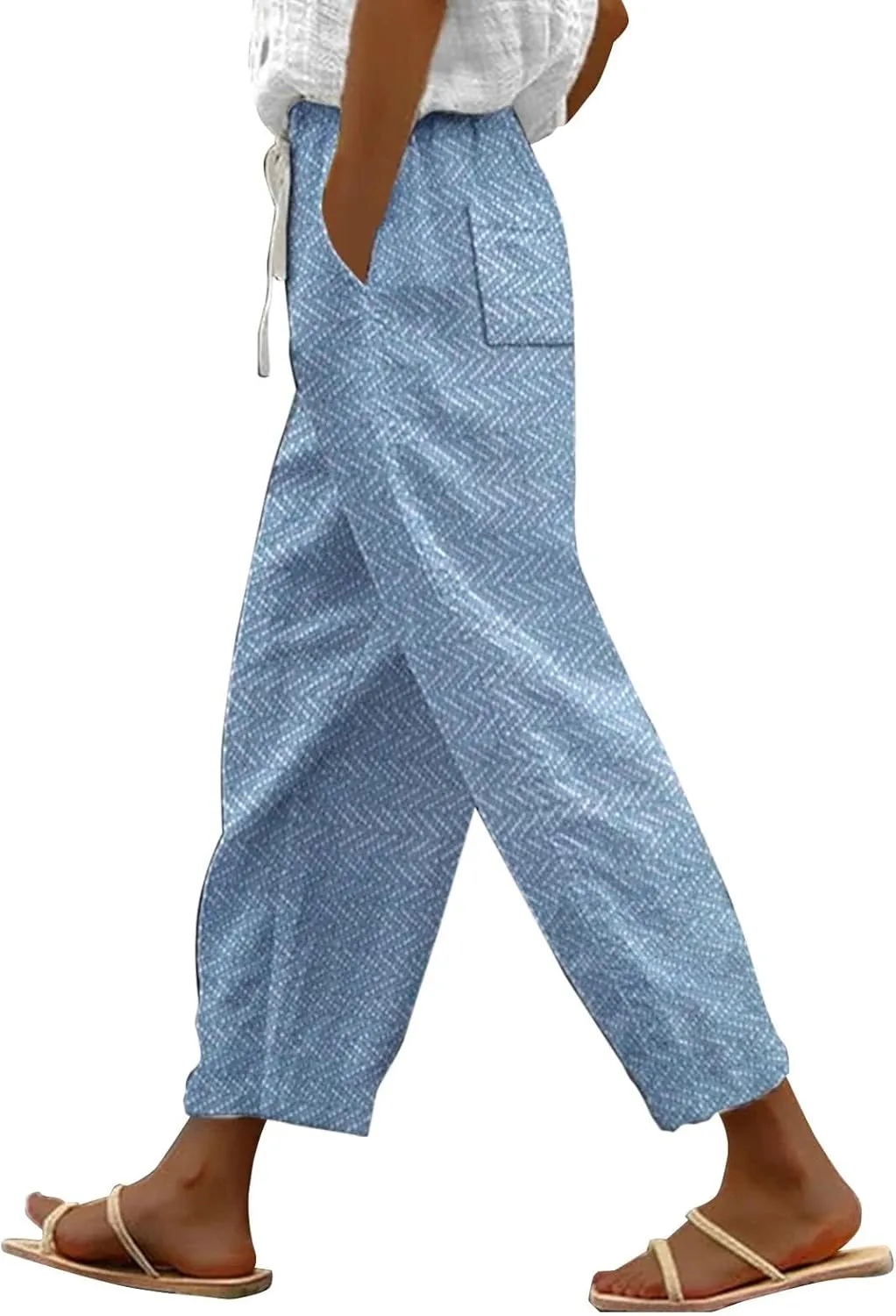 Today Deals Linen Pants Women Summer 2024 Striped Casual Elastic High Waist Straight Leg Loose Boho Trendy Trousers Cropped Trouser, Medium, Women1-sky Blue