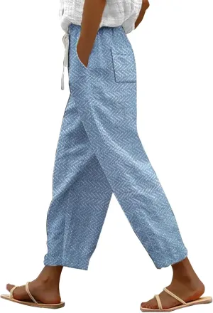 Today Deals Linen Pants Women Summer 2024 Striped Casual Elastic High Waist Straight Leg Loose Boho Trendy Trousers Cropped Trouser, Medium, Women1-sky Blue
