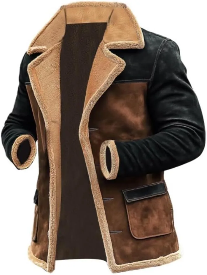 TOMITANY Mens Faux Suede Jackets Button Down Fleece Buckskin Jacket Vintage Mid-Length Windbreaker Leather Jackets Warm Coat