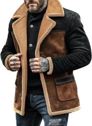 TOMITANY Mens Faux Suede Jackets Button Down Fleece Buckskin Jacket Vintage Mid-Length Windbreaker Leather Jackets Warm Coat