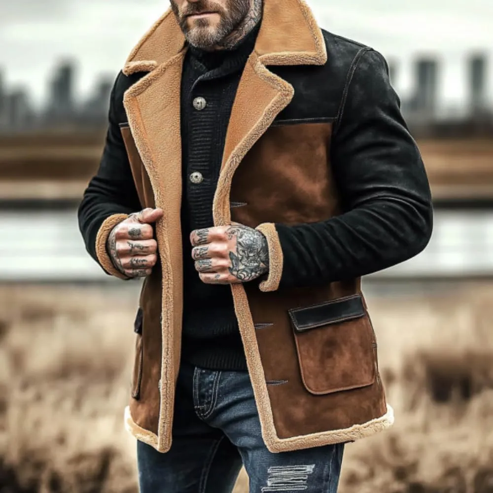 TOMITANY Mens Faux Suede Jackets Button Down Fleece Buckskin Jacket Vintage Mid-Length Windbreaker Leather Jackets Warm Coat
