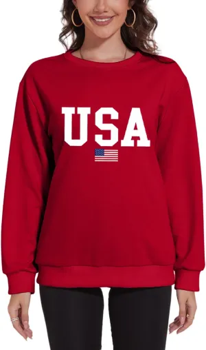 USA Pullover Sweatshirts for Women American Flag Sweaters Patriotic T shirt 4th of July Tee Tops Fall Winter Outfits